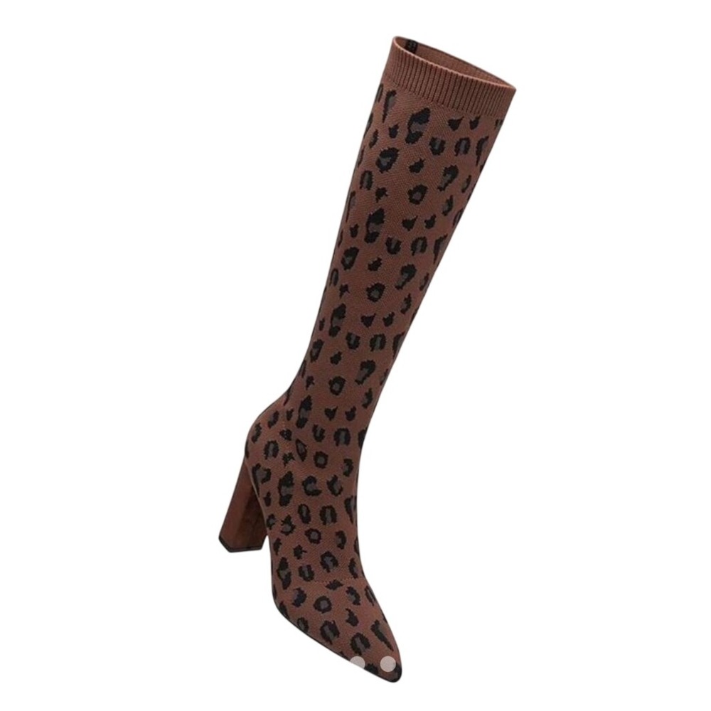 Newbella Leopard Print Sock Boots Brown Knit Pointed Toe Block Heel Size 7.5 NIB